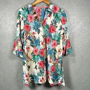 CUDDLE DUDS Tropical Floral 3/4 Sleeve Tunic Shirt Caftan Crinkle Crepe Women XS